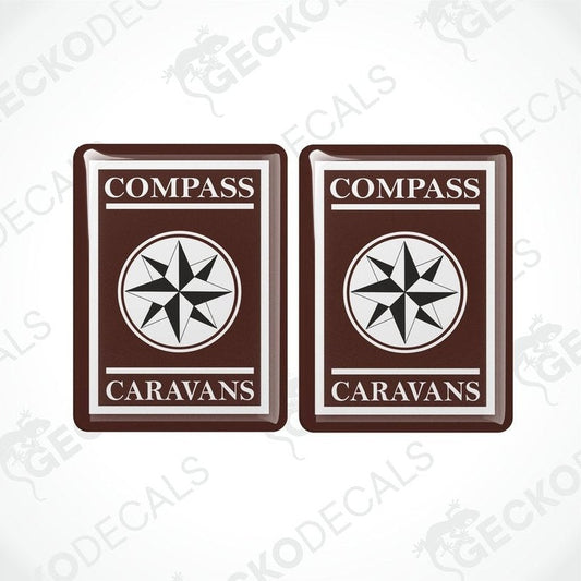 Set of two brown Compass Caravan vinyl decals with glossy domed finish