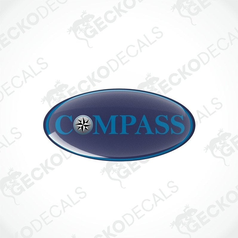 Two blue vinyl stickers with the word 'COMPASS' and a logo depicting a star and a half-moon, surrounded by a white border.