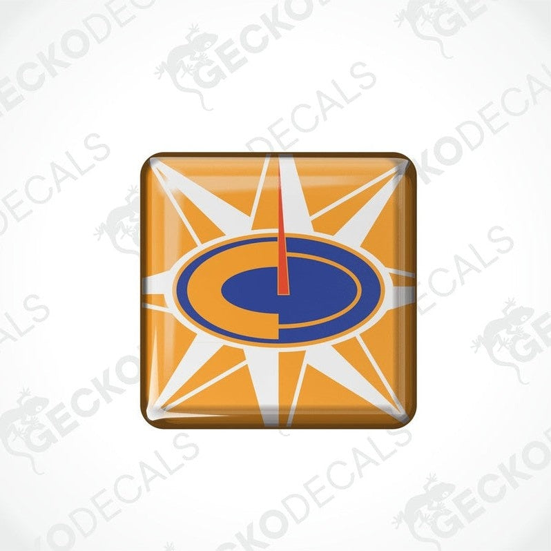 Orange and blue compass epoxy resin decal with domed polyurethane coating