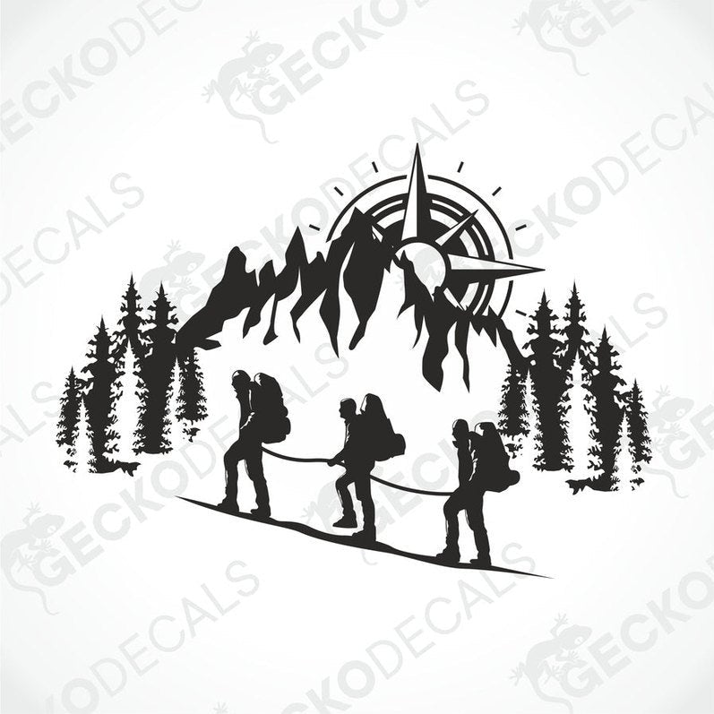 A black and white decal of a compass and people climbing a mountain.