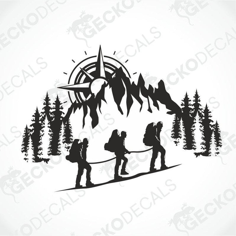 A black and white decal of a compass and people climbing a mountain.