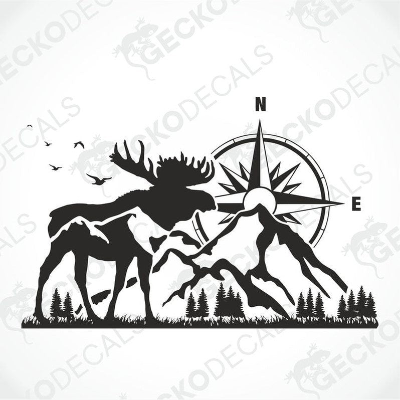 A white vehicle decal featuring a black moose with a compass in the center, surrounded by a forest and mountain landscape.