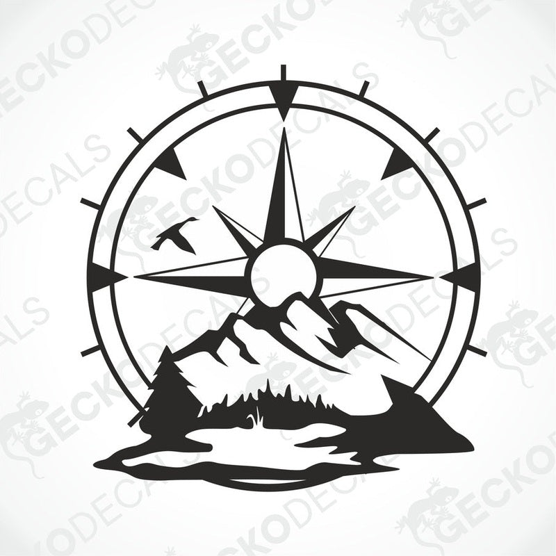 A white vehicle decal with a compass design, mountains, and a sun motif.