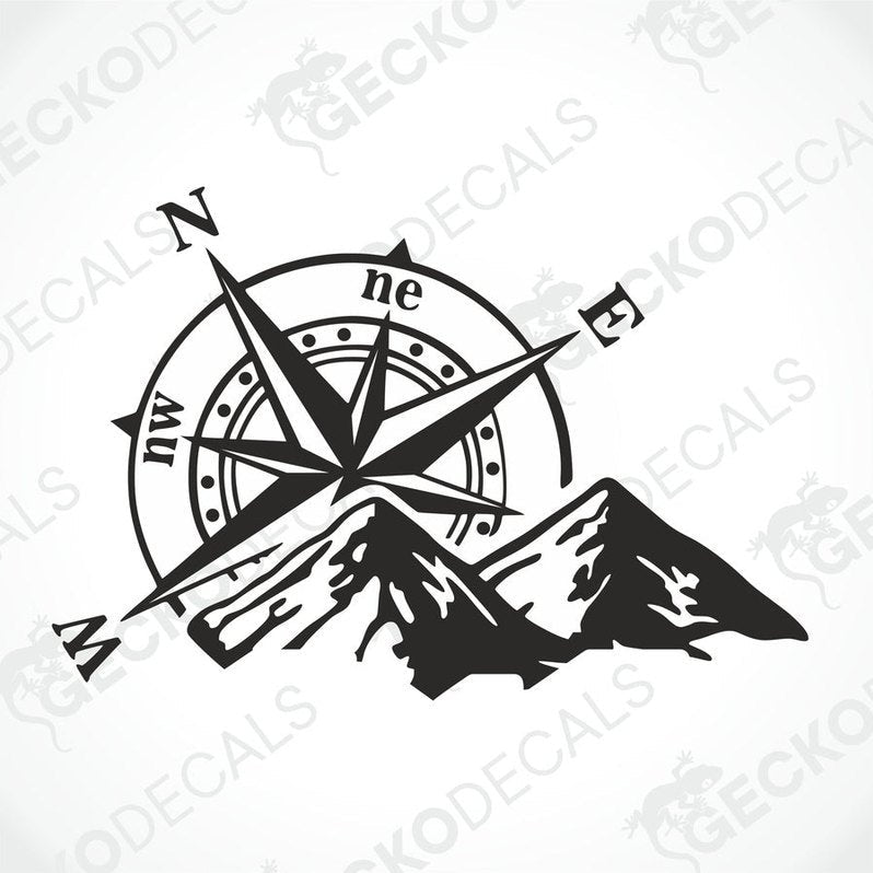 Black Compass Mountain die-cut decal with star needle and mountain silhouette on white background