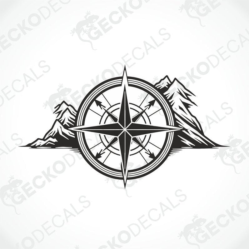 A white vehicle decal featuring a black compass design with mountains around it.