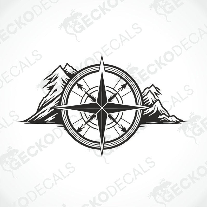 A white vehicle decal featuring a black compass design with mountains around it.