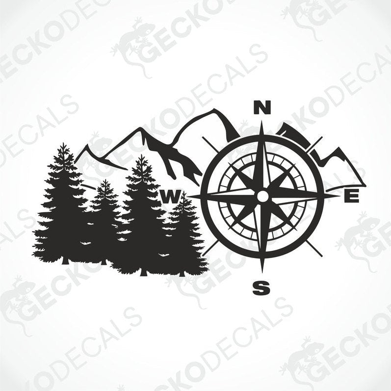 A white vehicle decal featuring a black compass design with mountains and a tree backdrop.