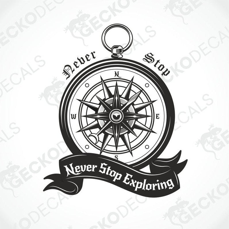 Die-cut black and white compass rose sticker graphic with ribbon banner