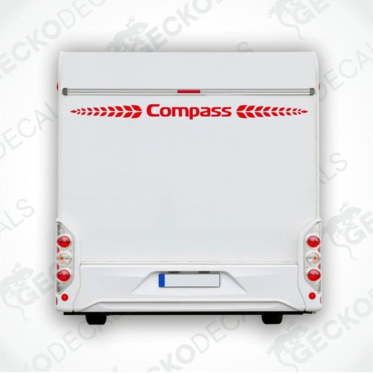 A white Compass caravan with a die cut sticker of the Compass logo on the rear side.