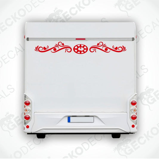 A die cut sticker with a floral pattern designed for use on the rear of a caravan or similar vehicle.