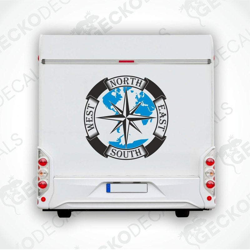 Compass Weather Arches die-cut decal on white camper rear door