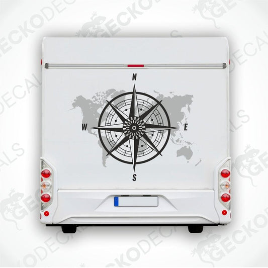 A white vehicle decal featuring a black compass with a world map background.