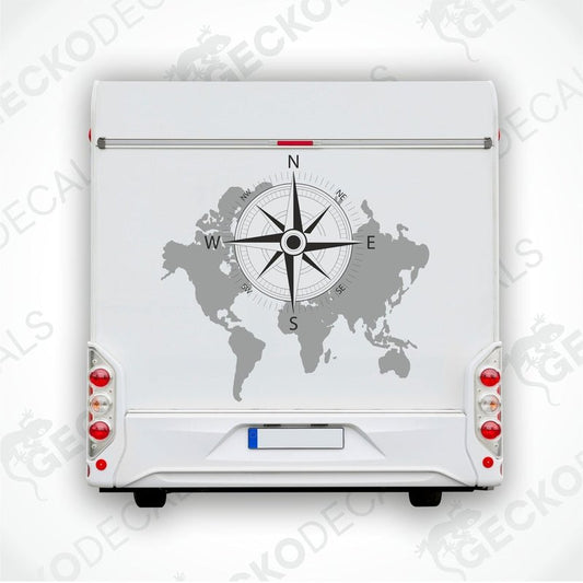 A white vehicle decal featuring a world map with a compass in the center, delivered on transfer paper with the text 'GECKODECALS'.