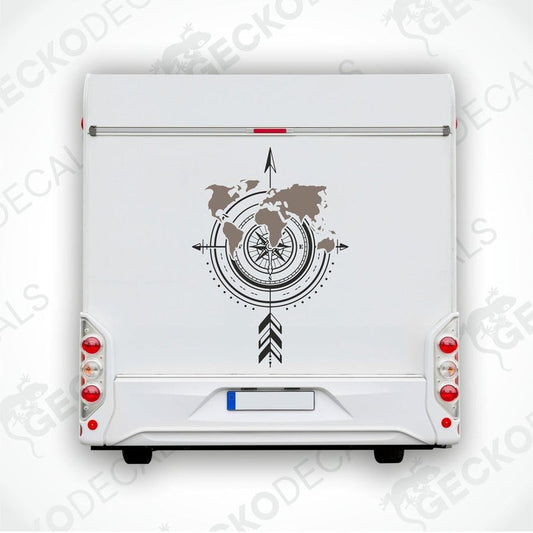 World map compass die cut decal applied to white RV rear door