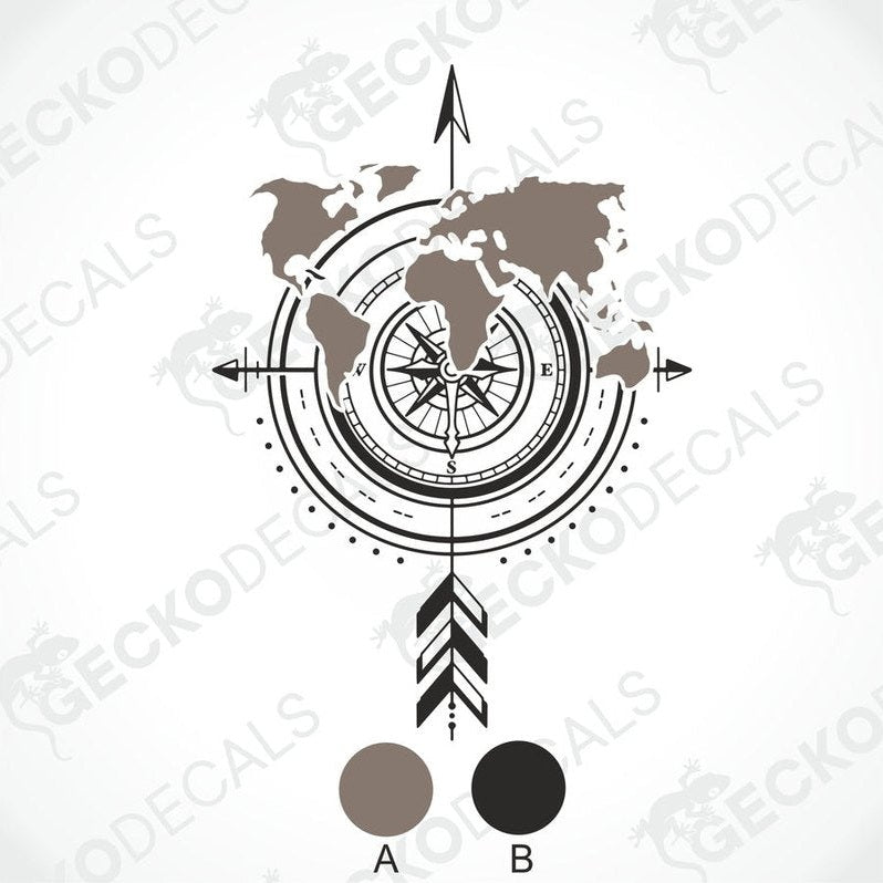 Muted brown and black world map compass decal on transfer paper