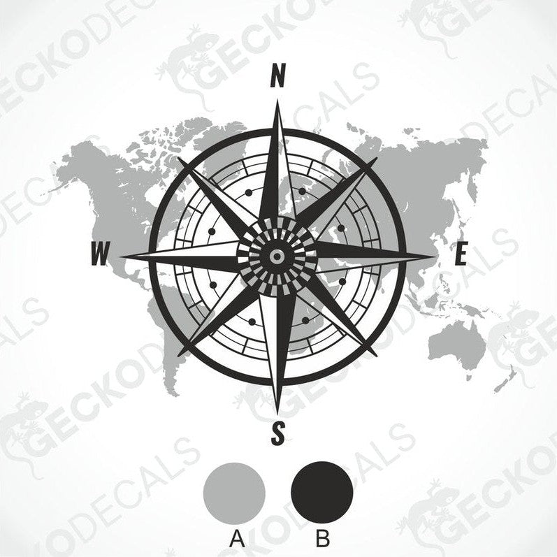 Black and white world map compass rose die cut decal with color swatches