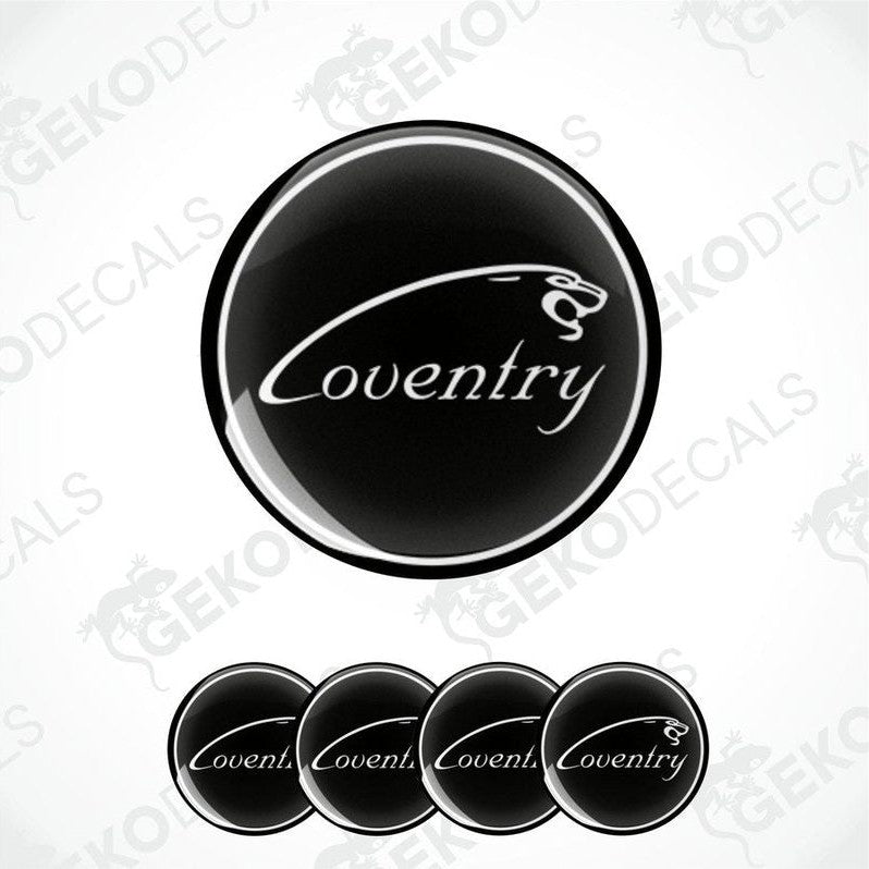 A set of four black vinyl stickers with the word 'COVENTRY' printed on them, arranged in a circular pattern with a logo-like design at the top.