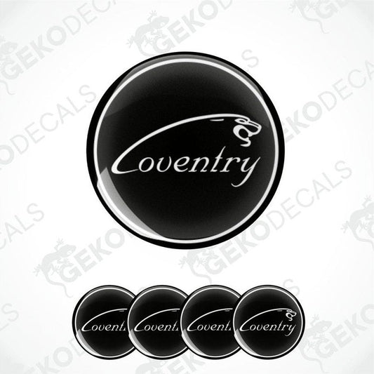 A set of four black vinyl stickers with the word 'COVENTRY' printed on them, arranged in a circular pattern with a logo-like design at the top.