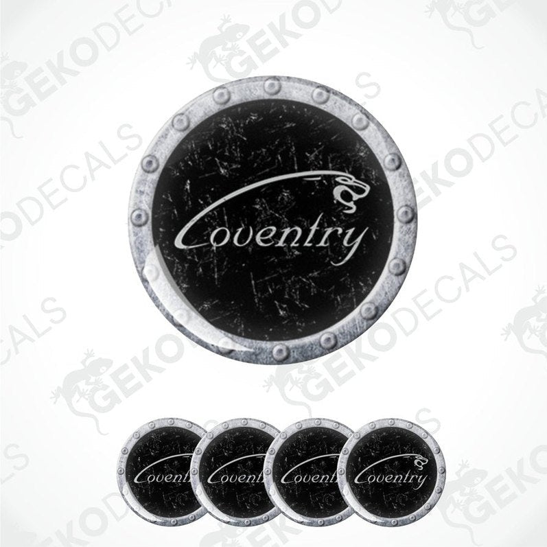 A set of vinyl decals with the word 'Coventry' written on them, presented in a circular arrangement, against a transparent background.