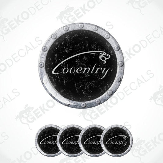 A set of vinyl decals with the word 'Coventry' written on them, presented in a circular arrangement, against a transparent background.