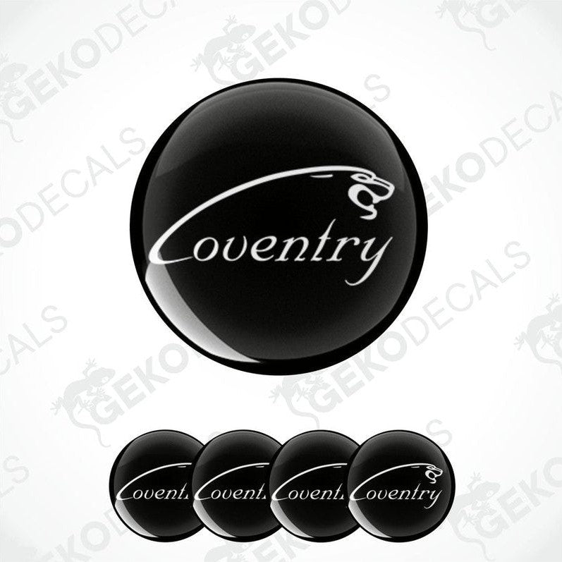Set of four black vinyl decals with the word 'Coventry' written in a white script-like font, displayed on a white background.