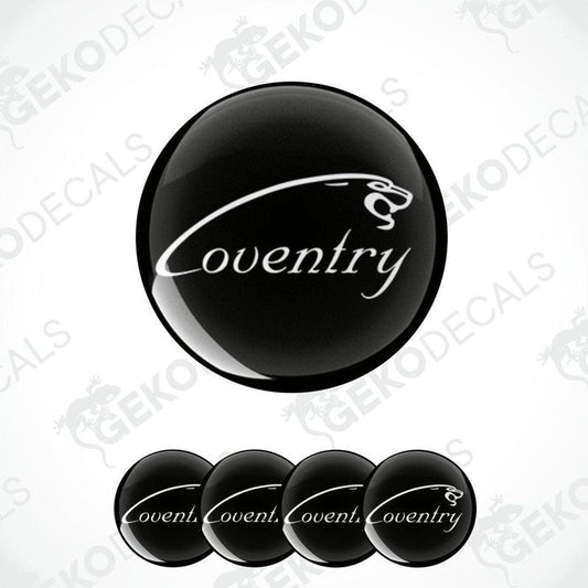 Set of four black vinyl decals with the word 'Coventry' written in a white script-like font, displayed on a white background.