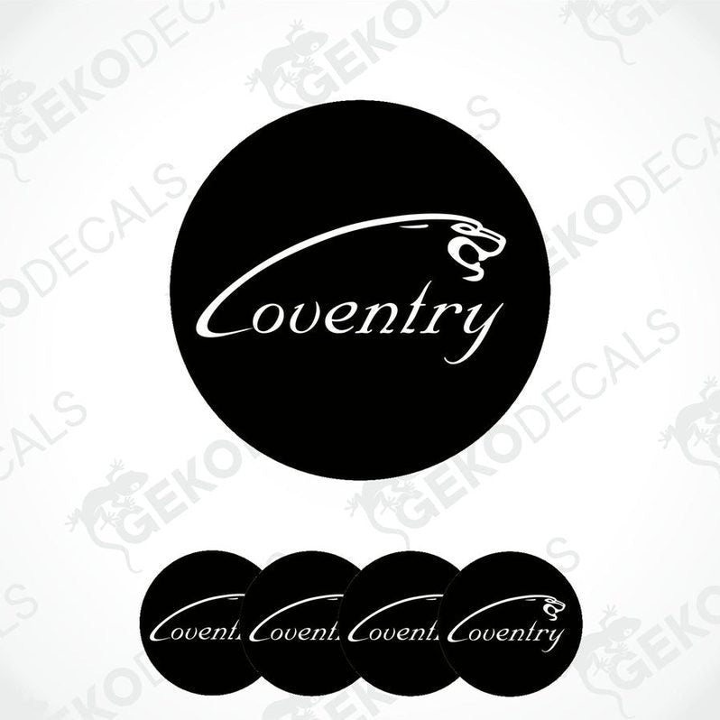 Set of four black vinyl decals with the word 'Coventry' written in a white script-like font, displayed on a white background.