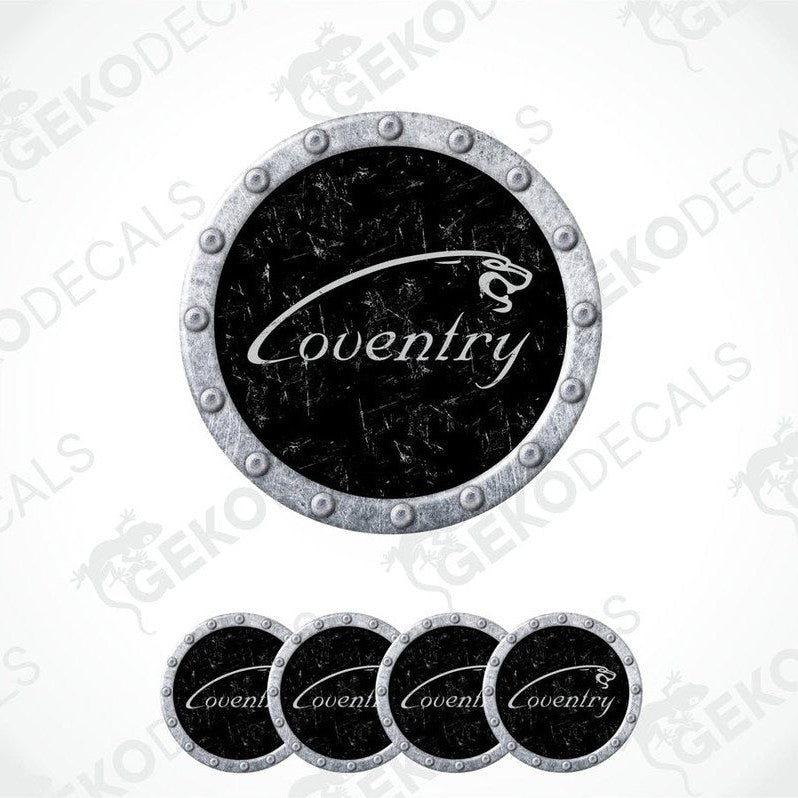 A set of vinyl decals with the word 'Coventry' written on them, presented in a circular arrangement, against a transparent background.