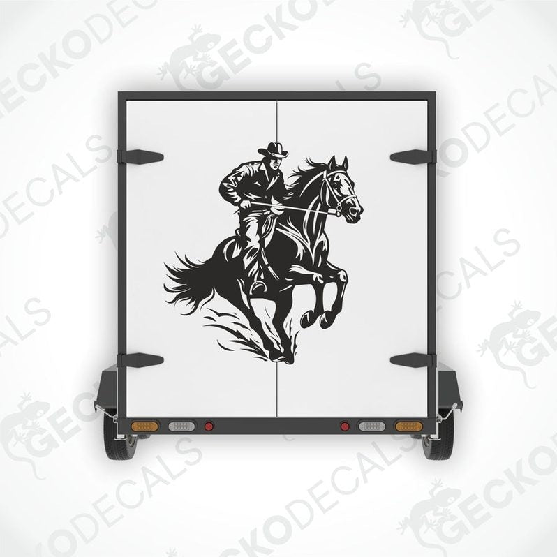A die cut decal of a cowboy riding a horse, intended for use on a trailer.