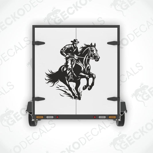 A die cut decal of a cowboy riding a horse, intended for use on a trailer.