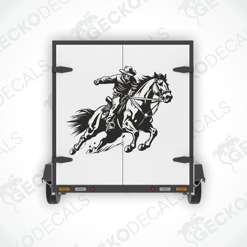 A black and white illustration of a cowboy riding a horse, geckodecals branding visible on the image.