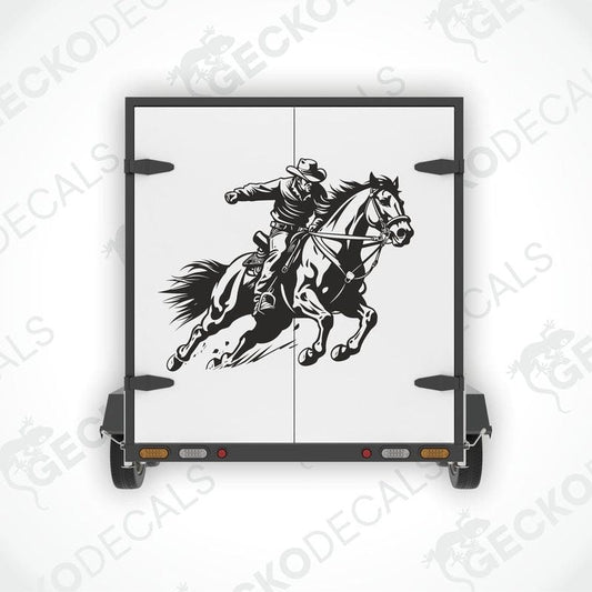 A black and white illustration of a cowboy riding a horse, geckodecals branding visible on the image.