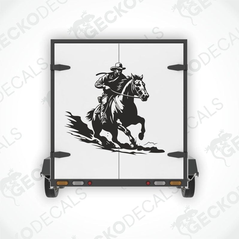 A die cut decal of a cowboy on a horse, intended for use on a trailer.