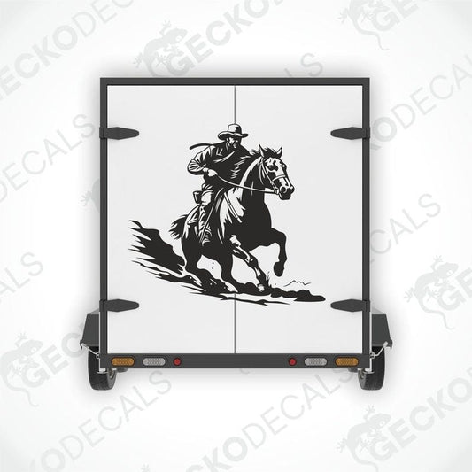 A die cut decal of a cowboy on a horse, intended for use on a trailer.