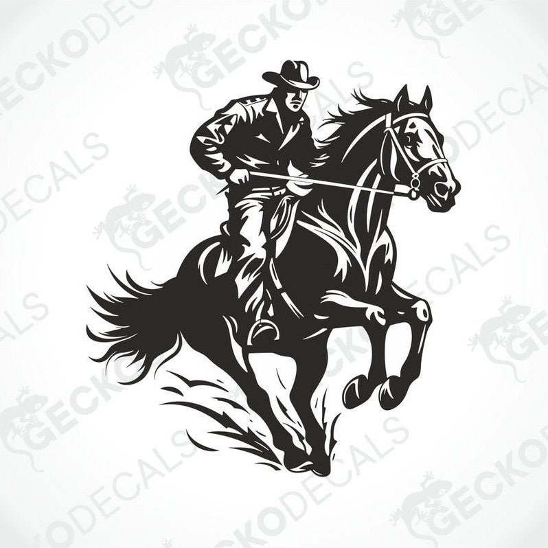 A black and white die cut decal of a cowboy on a horse.