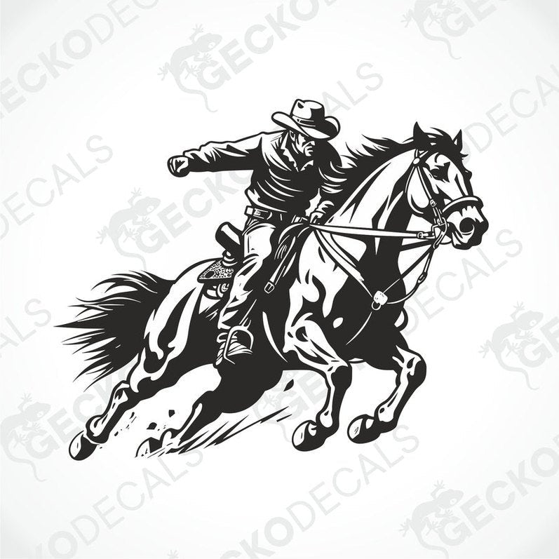 A black and white illustration of a cowboy riding a horse, geckodecals branding visible on the image.