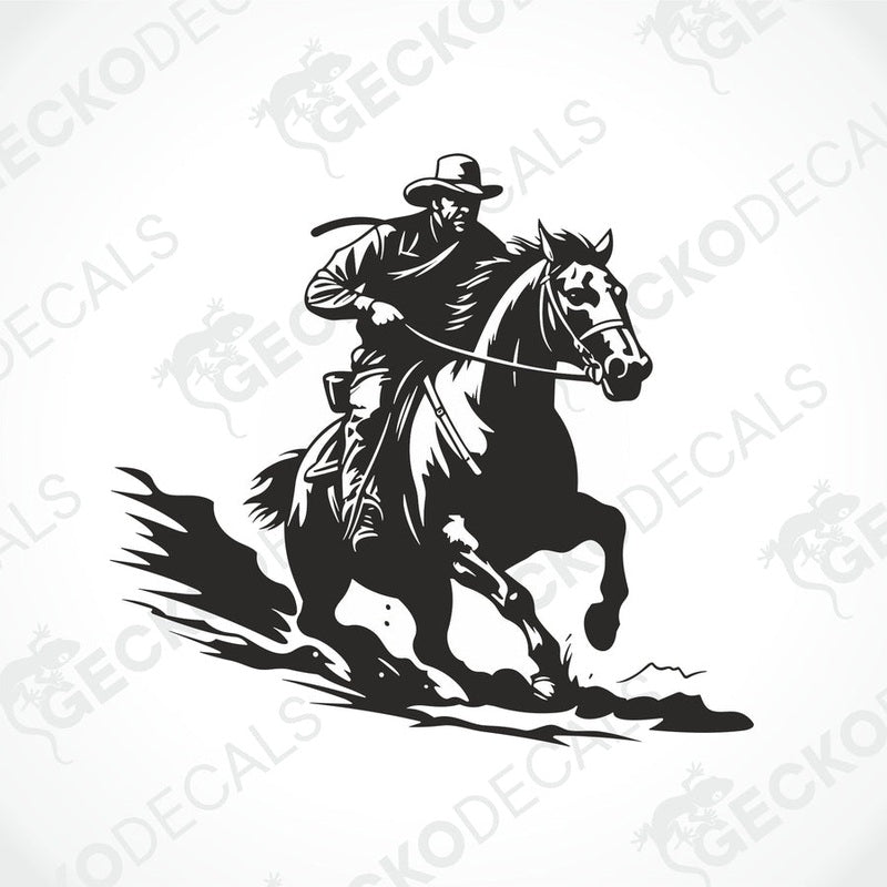 A black and white image of a cowboy riding a horse, used as a decal.