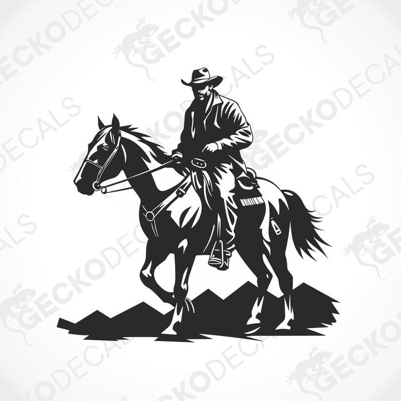A black and white decal of a cowboy riding a horse. The decal is on a white background with the text 'GECKODECALS' and the brand name 'GECKO' visible.