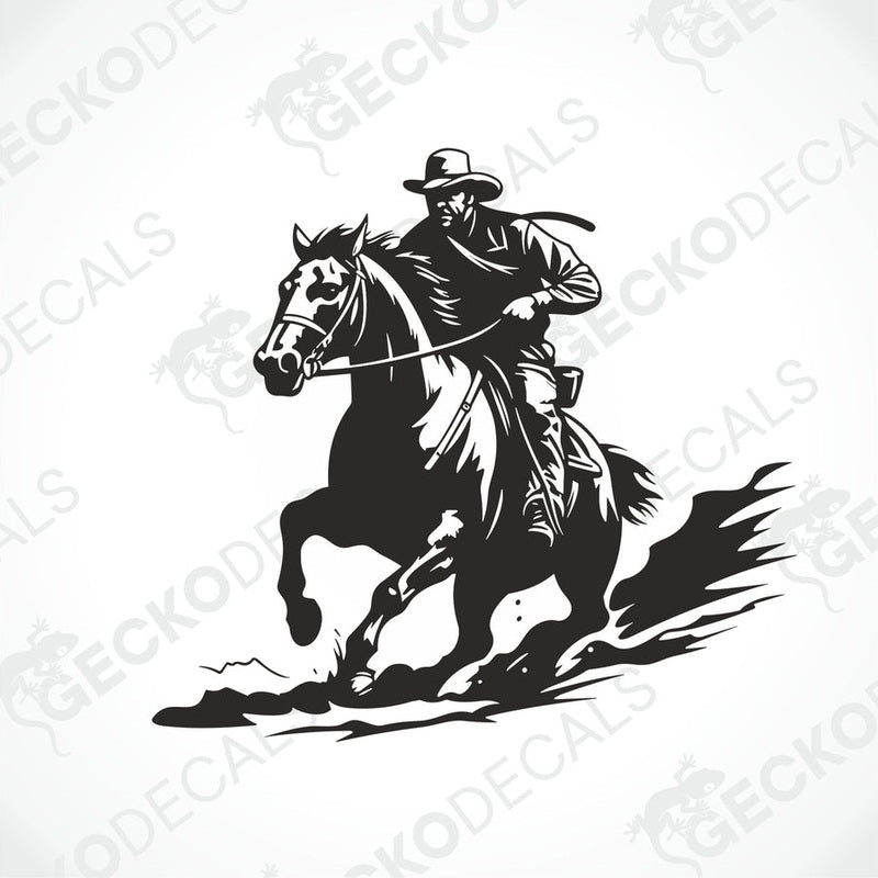 A black and white image of a cowboy riding a horse, used as a decal.