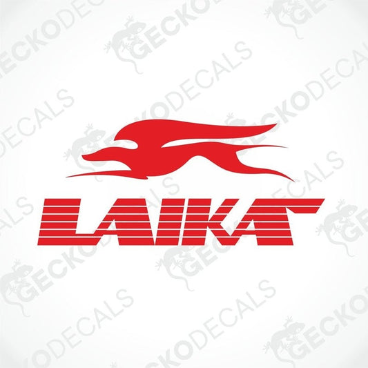 A red and white car decal of the LAIKA brand logo.