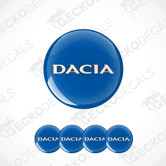 A set of blue vinyl decals with the DACIA logo, including four domed stickers of varying sizes.