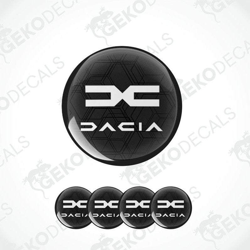 Set of four black vinyl decals with the DACIA logo, designed for use as car wheel stickers.