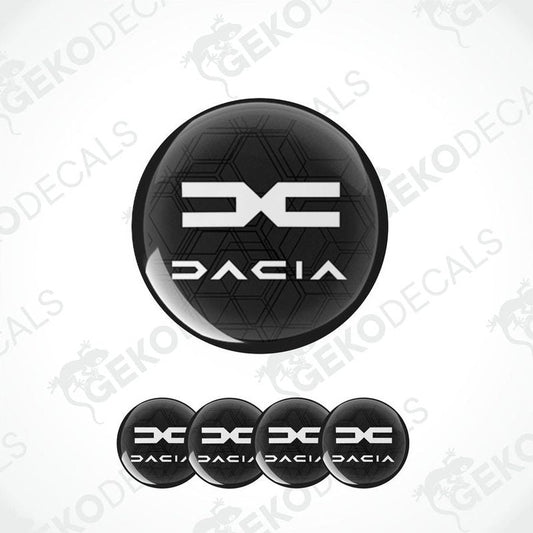 Set of four black vinyl decals with the DACIA logo, designed for use as car wheel stickers.