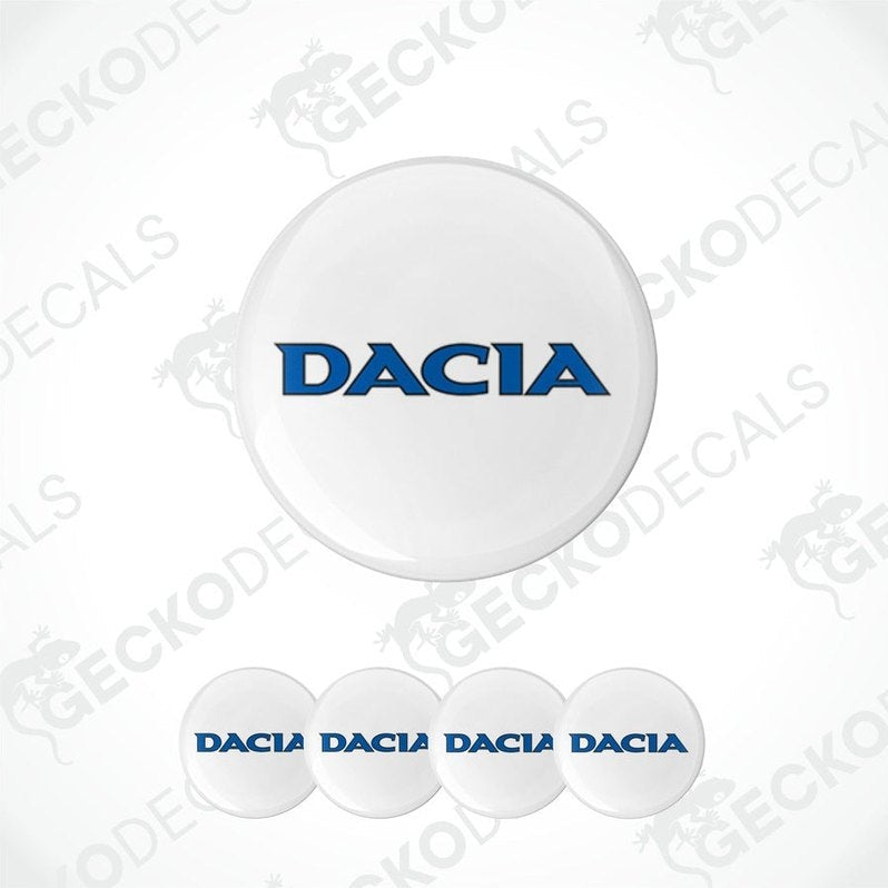 A set of white vinyl decals with the DACIA logo, including four different sizes.