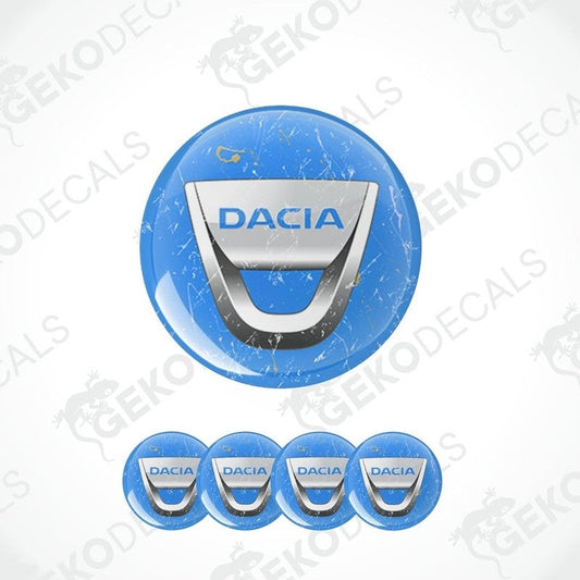 A set of vinyl decals with the DACIA logo, displayed on a blue background representing car stickers.