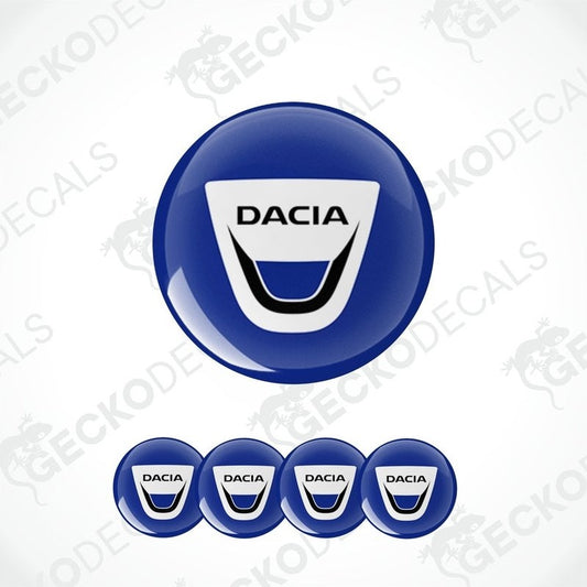 A set of four blue vinyl decals with the DACIA logo, displayed on a white background.