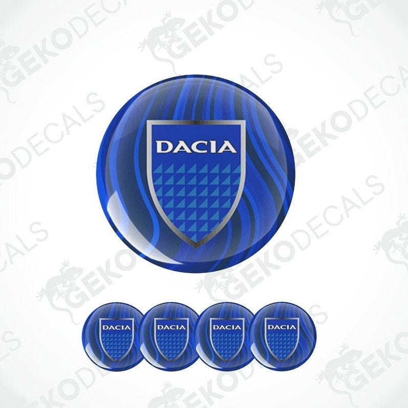 A set of vinyl decals with the DACIA logo, displayed on a blue background representing car stickers.