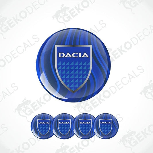 A set of vinyl decals with the DACIA logo, displayed on a blue background representing car stickers.