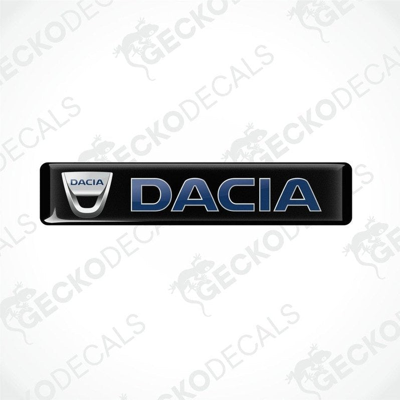 Black vinyl stickers with the word 'DACIA' printed in blue, placed against a white background.