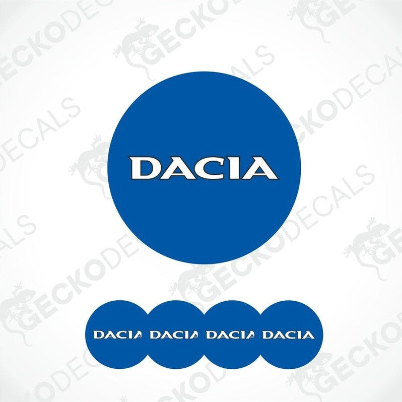A set of blue vinyl decals with the DACIA logo, including four domed stickers of varying sizes.